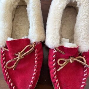 L.L. Bean Red Suede Shearling-Lined Wicked Good Moccasin Slippers